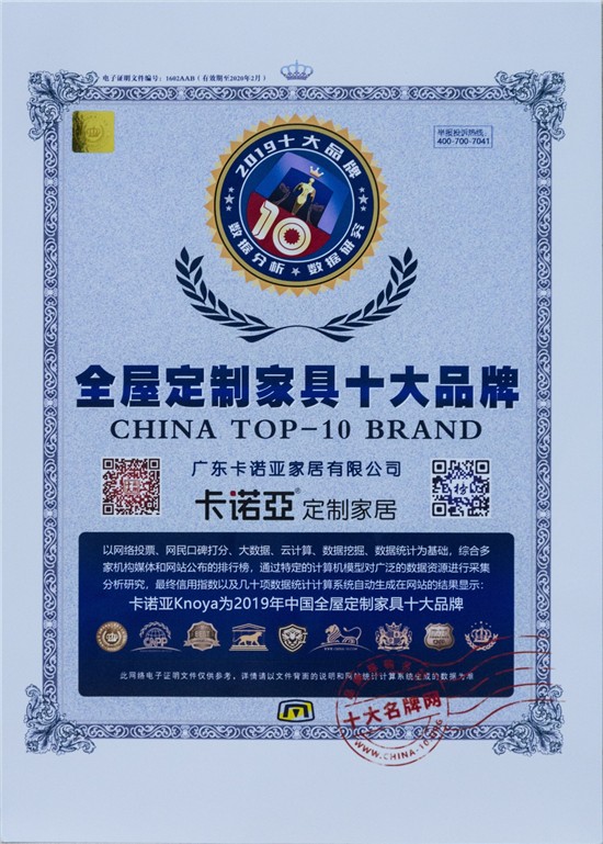 卡諾亞榮膺&ldquo;全屋定制家具十大品牌&rdquo;